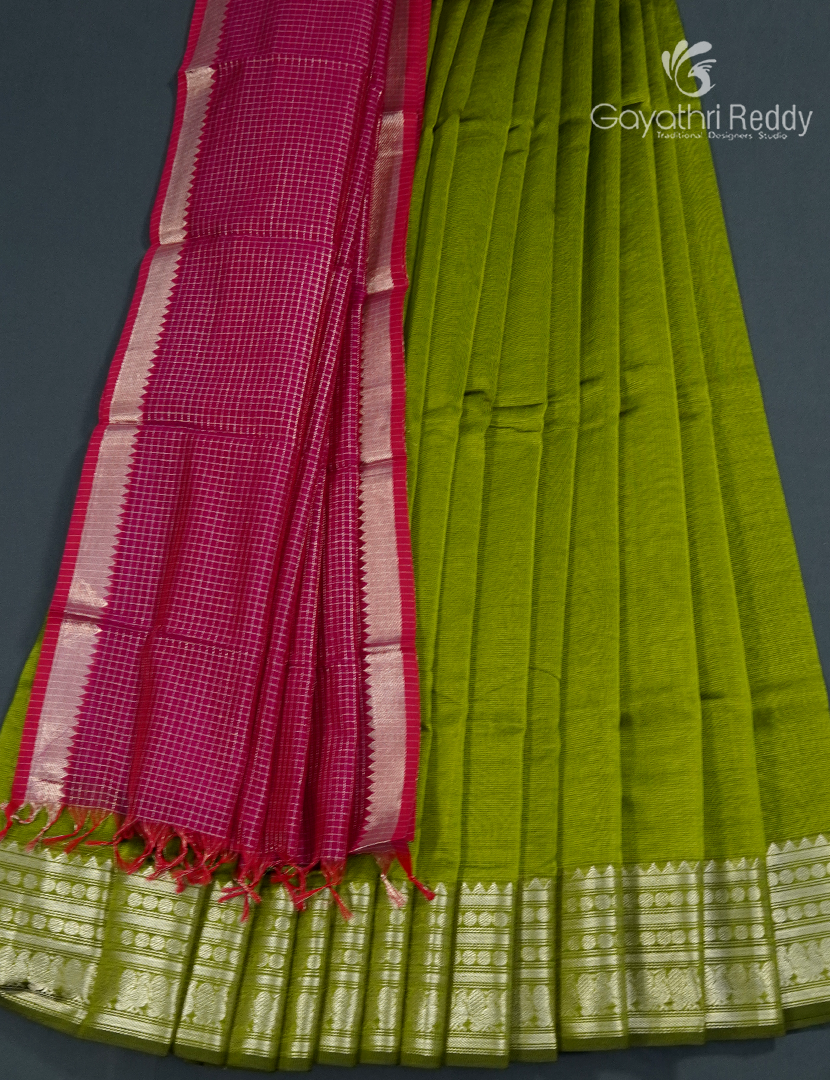 Pure Mangalagiri Langa Voni Set in Mehendi Green and Magenta
