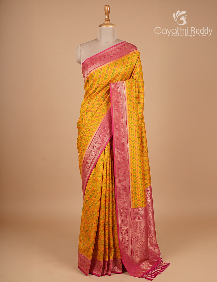 Semi Kanchipuram Silk Saree in Mustard and Rani Pink
