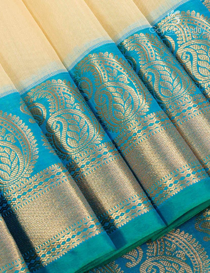 Pure Kanchi Sico Saree in Cream and Sea Blue