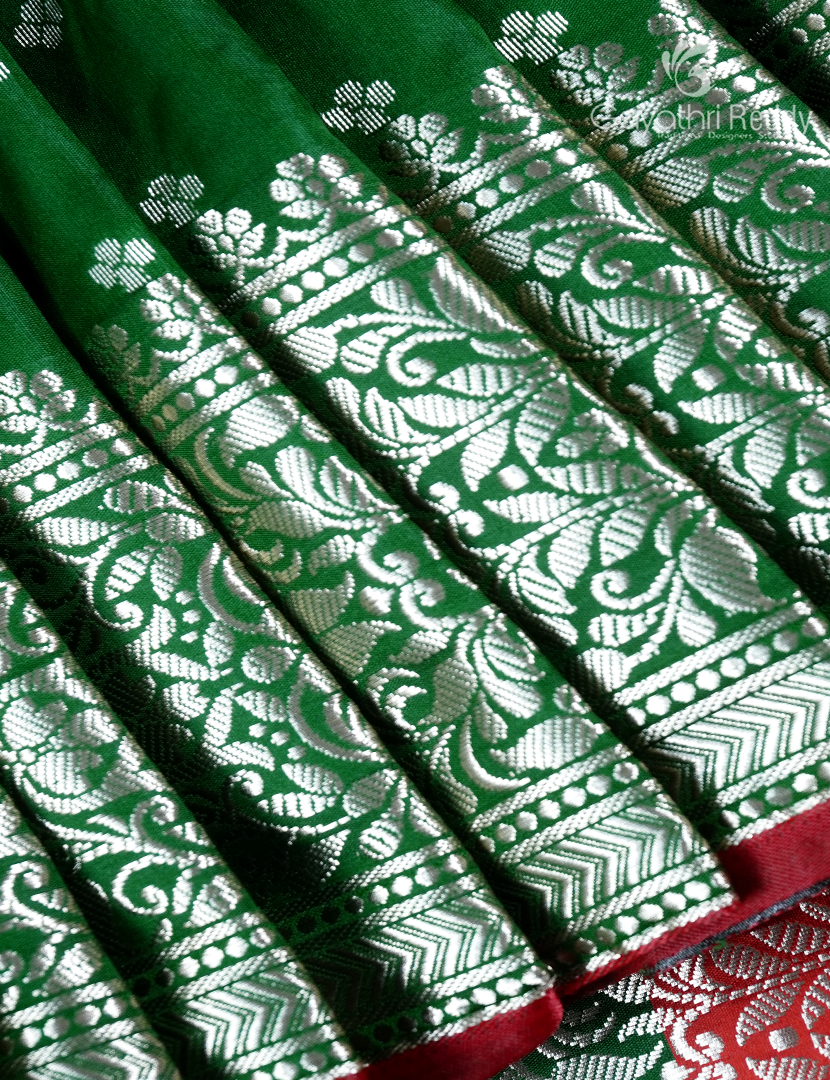 Semi Banaras Katan Silk Saree in Bottel Green and Orange  Re