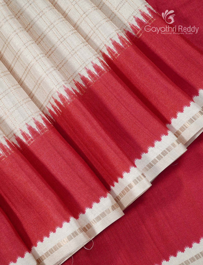 Semi Tussar Saree in Cream and Red