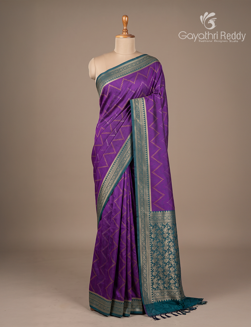 Semi Kanchipuram Silk Saree in Deep Purple and  Rama Green