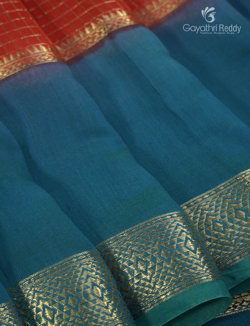 Semi Mysore Crepe Saree in Red and Peacock Blue