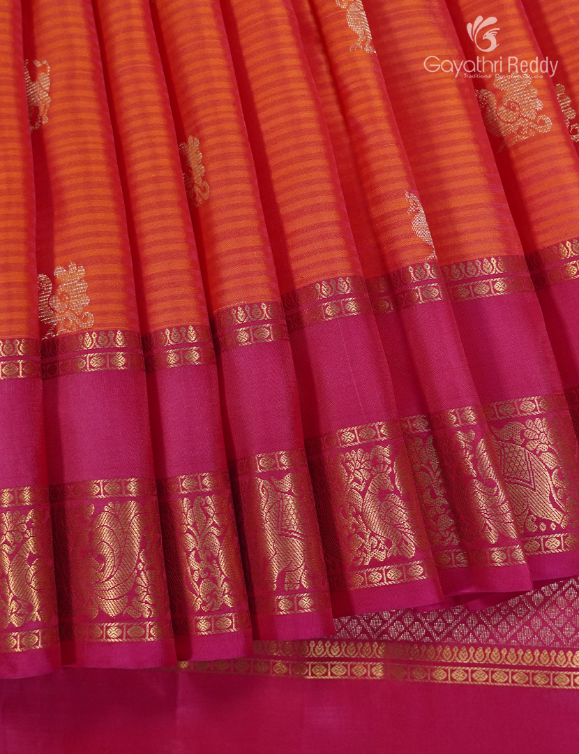 Pure Kanchipuram Silk Saree in Orange and Rani Pink