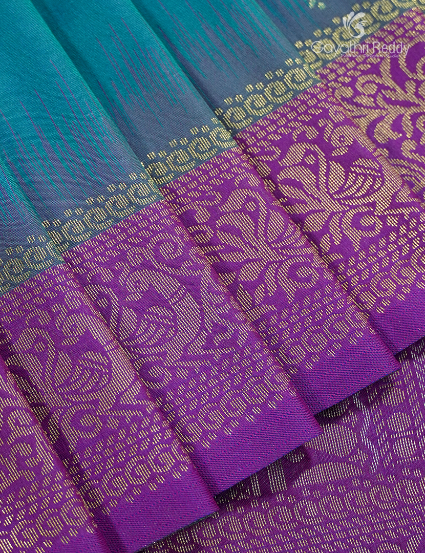 Semi Kanchipuran Silk Saree in Deep Peacock Blue and  Purple