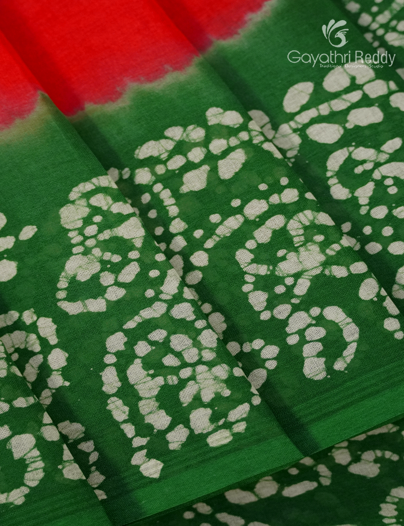 Cotton Batik Print Saree in Orange and Parrot Green