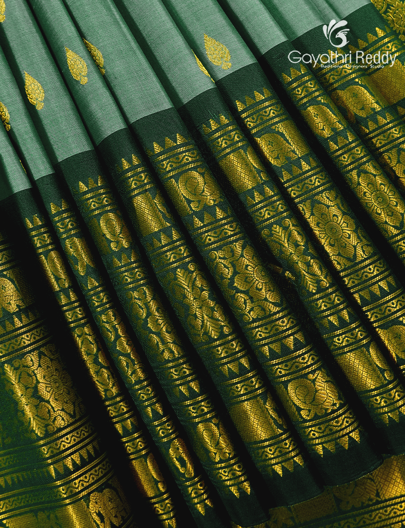 Pure Gadwal Silk Saree in Sage Green and Bottle Green