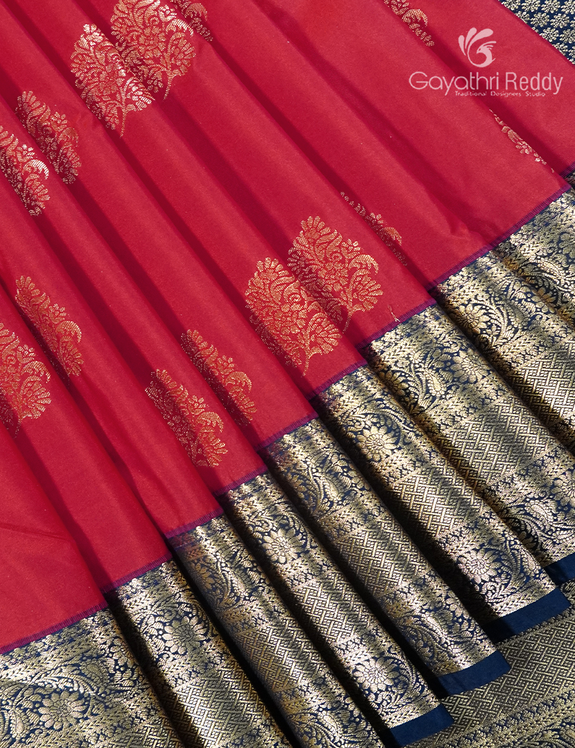 Semi Kanchipuram Silk Saree Cherry Red and Deep Peacock Blue