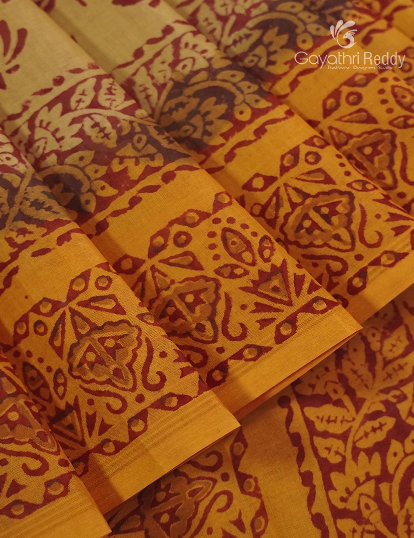Cotton Batik Print Saree in Light henna and Mustard