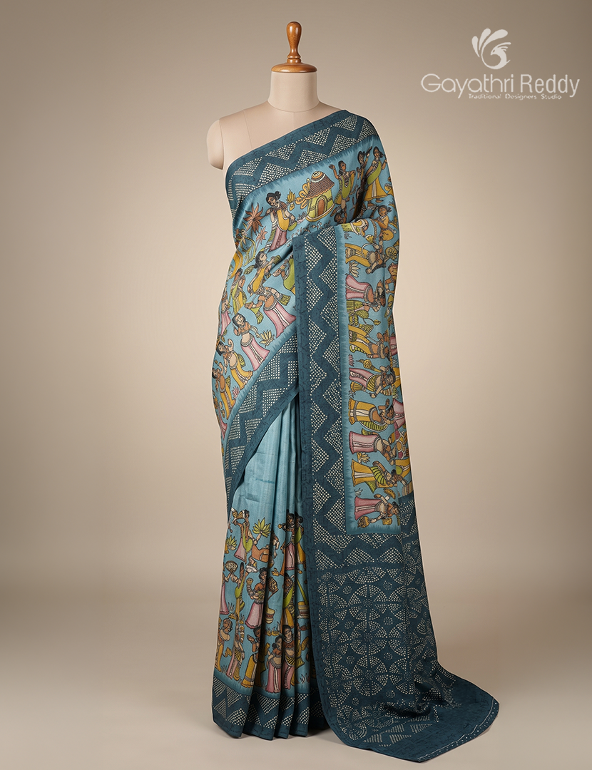Semi Tussar Silk Saree in Powder Blue and Deep Ash Grey