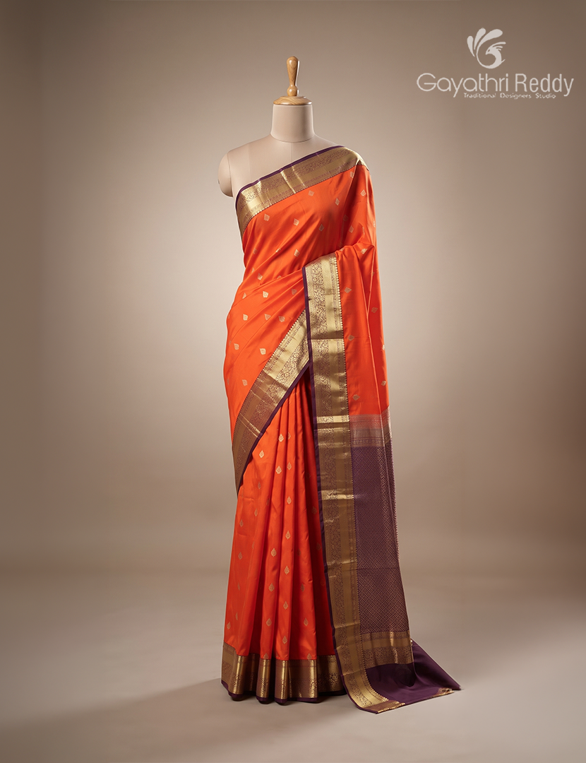 Semi Kanchipuram Silk Saree in Orange and Deep Brown