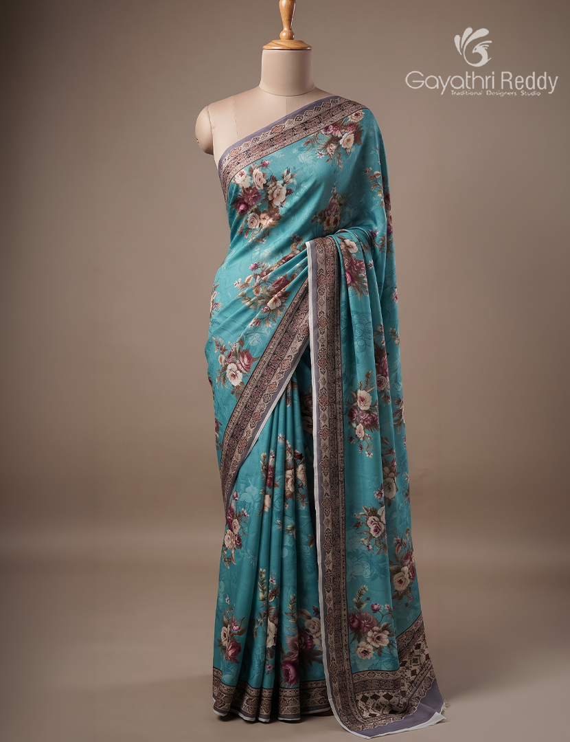 Pure Crepe Silk Saree in Powder Blue and Grey