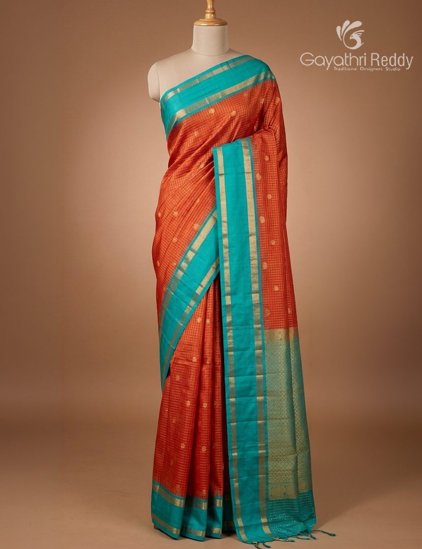 Pure Kanchipuram Vintage Silk Saree in Orange and Sea Blue