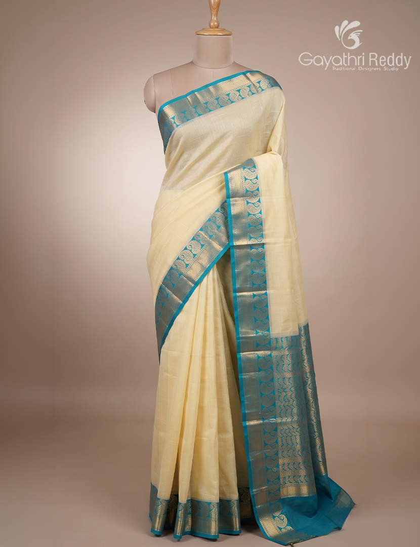 Pure Kanchi Sico Saree in Cream and Sea Blue