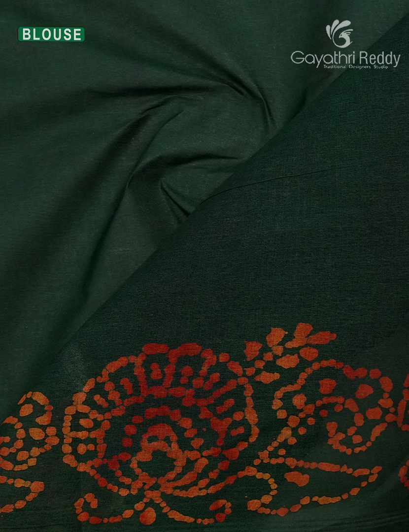Cotton Batik Print Saree in Bottle Green and Rust Orange