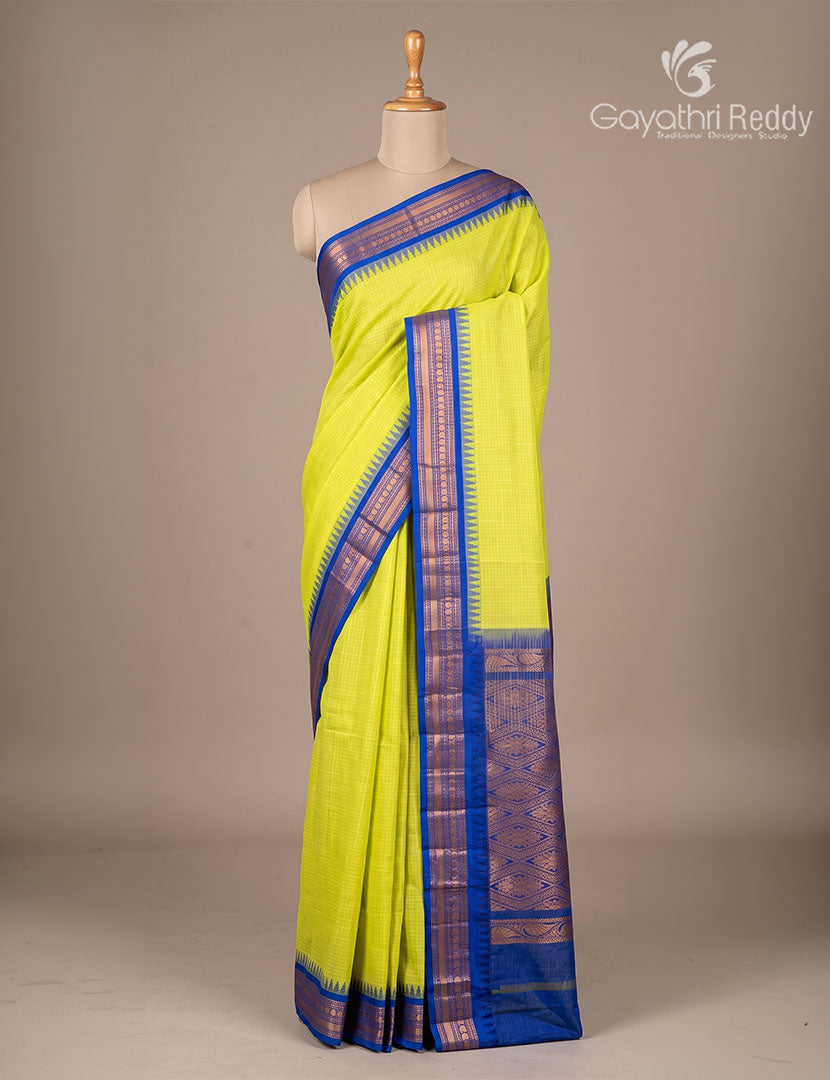 Pure Gadwal Cotton Saree in Neon Green and Deep Blue