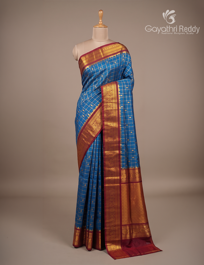 Pure Gadwal Silk Saree in Deep Peacock Blue and Maroon