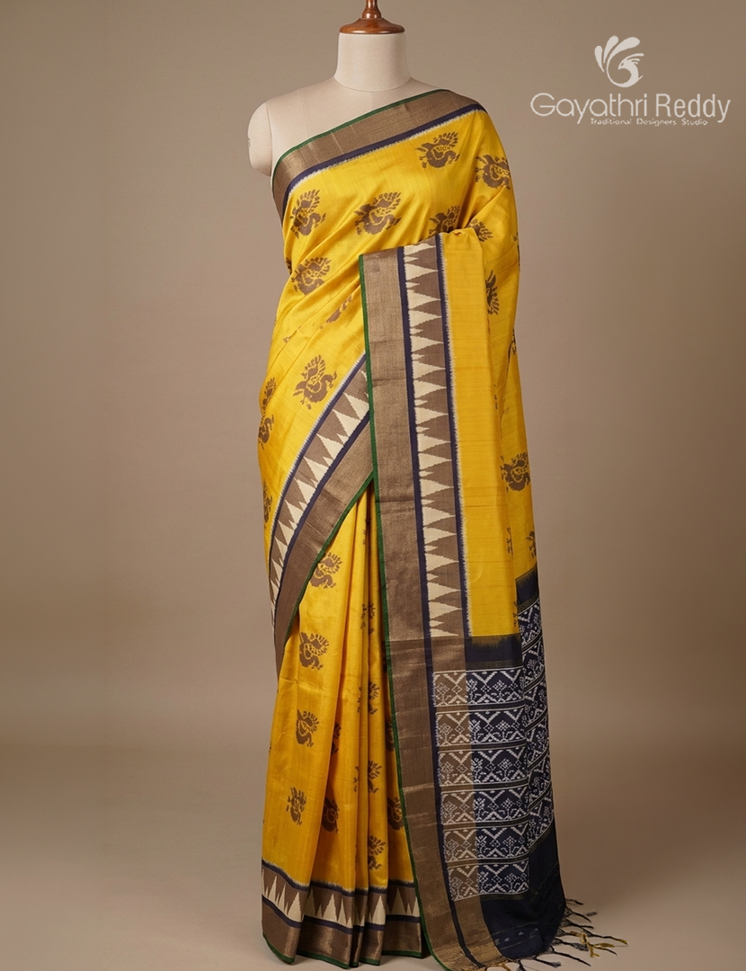 Pure Ikat Silk Saree in Yellow and Black
