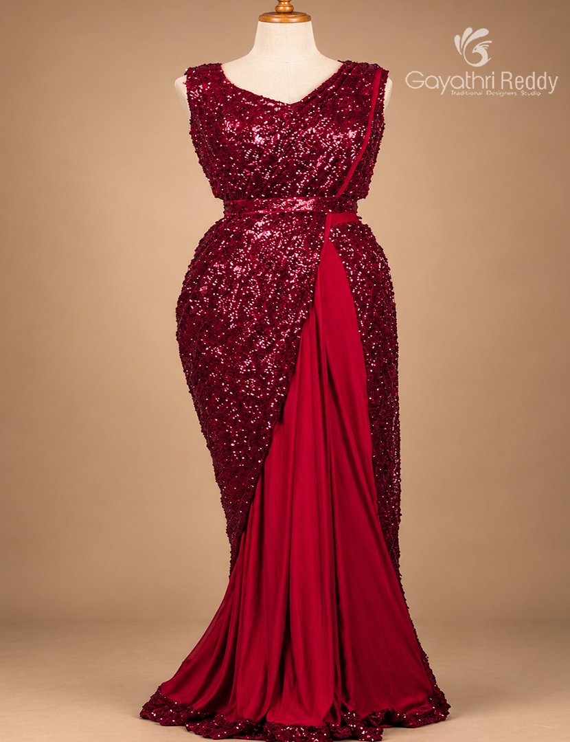One Minute Saree in Maroon