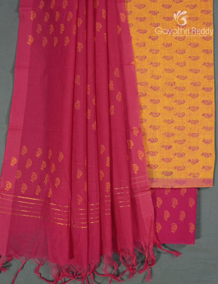 Cotton Dress Material Printed in Light Orange and Rani Pink