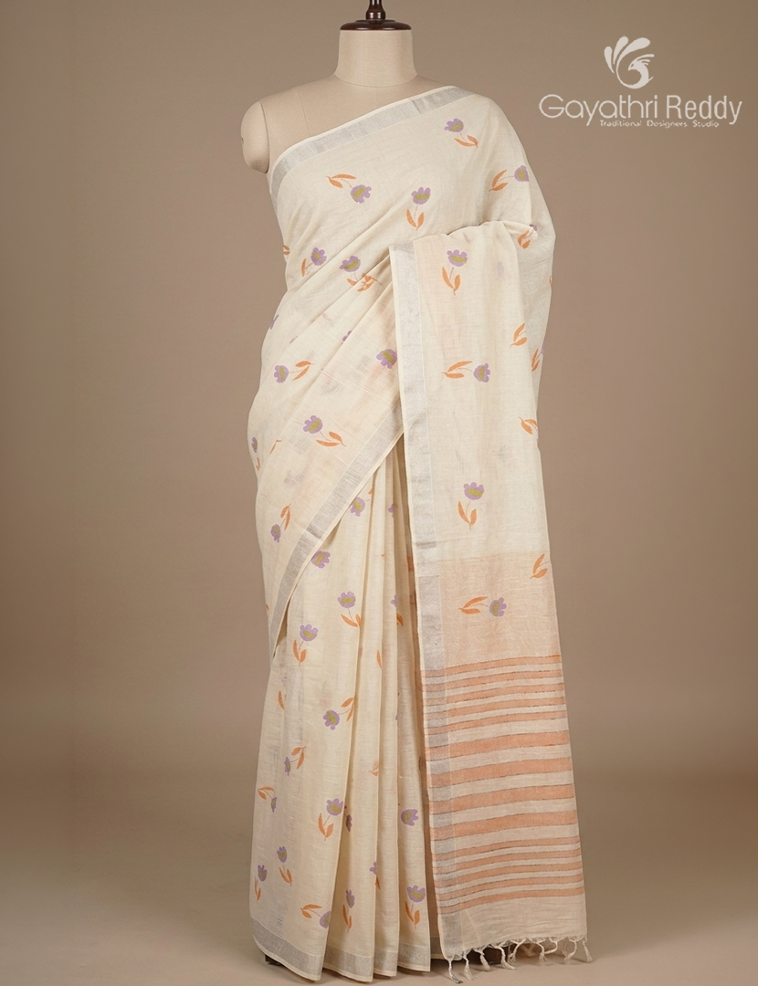 Pure Kanchi Cotton Printed Saree in Ivory and Sandalwood