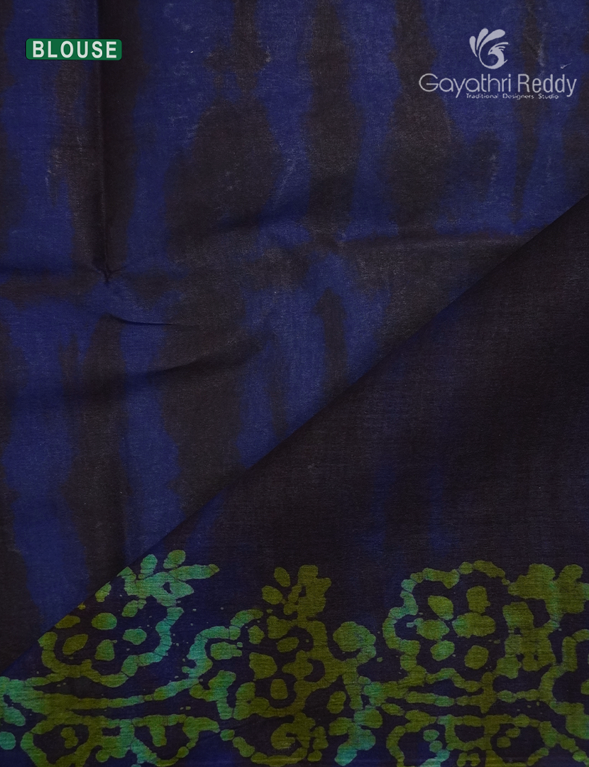 Cotton Batik Print Saree in Navy blue and Sea geen