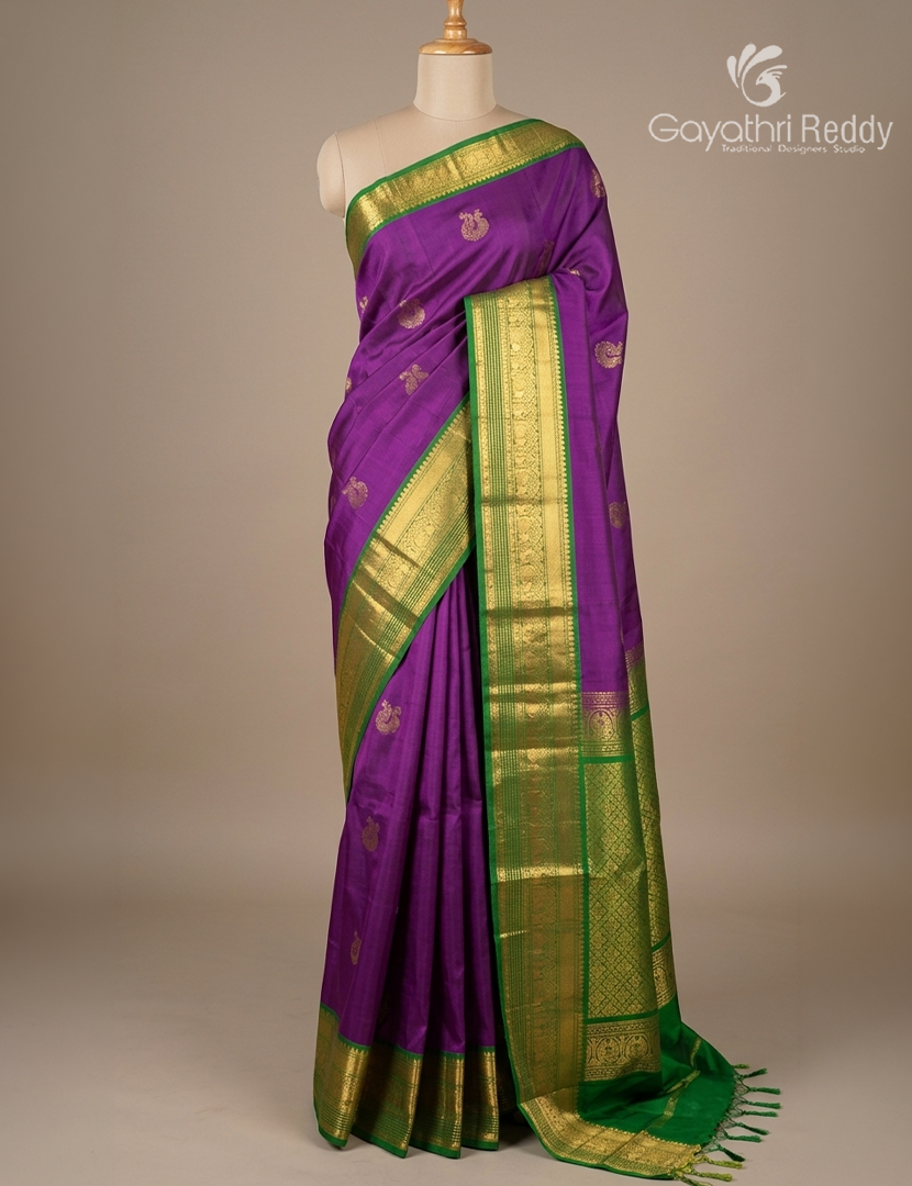 Pure Kanchipuram Soft Silk Saree in Purple and Parrot Green