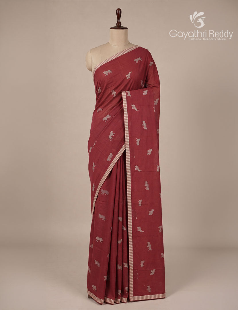 Pure MulMul Cotton Saree in Maroon Red and Beige