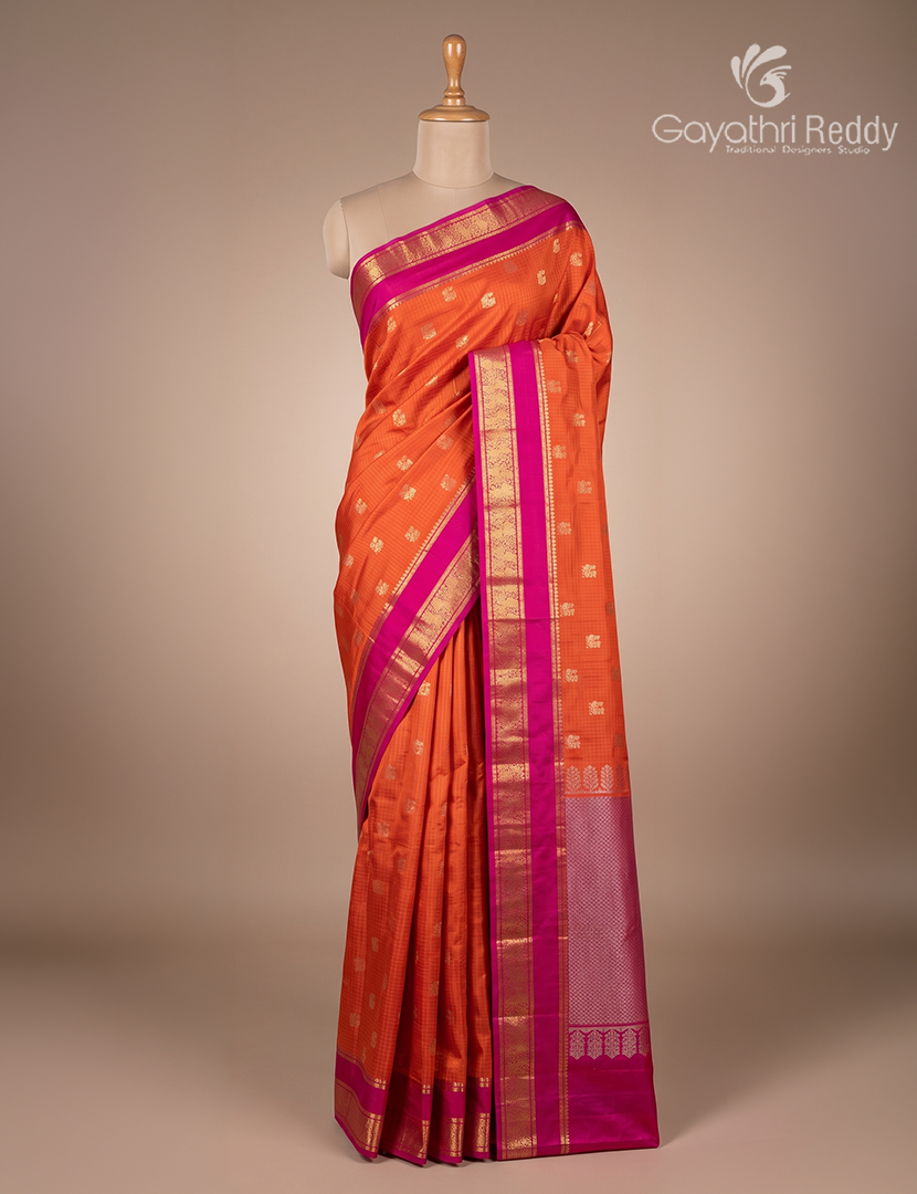 Pure Kanchipuram Silk Saree in Orange and Rani Pink