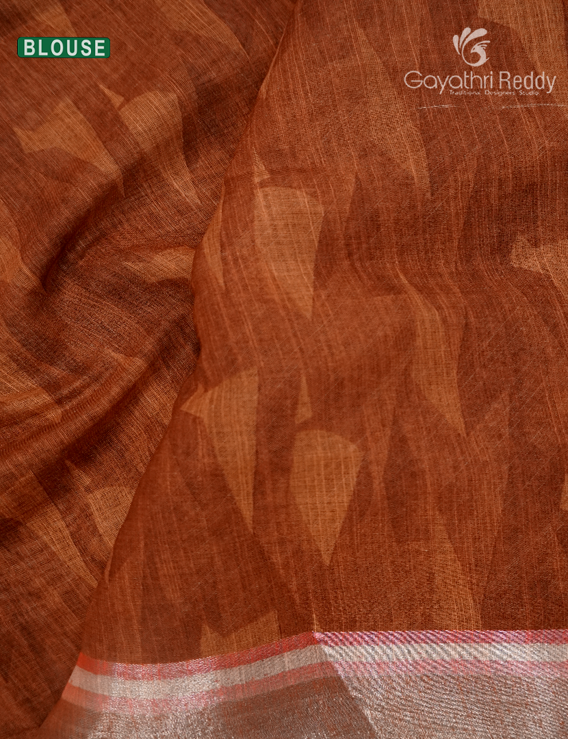 Linen Silk Saree in Cream and Rust Orange