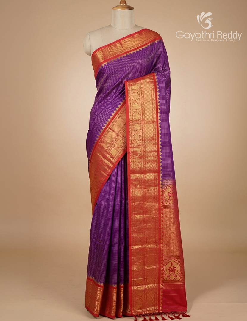 Pure Gadwal Silk Saree in Deep Purple and Pink