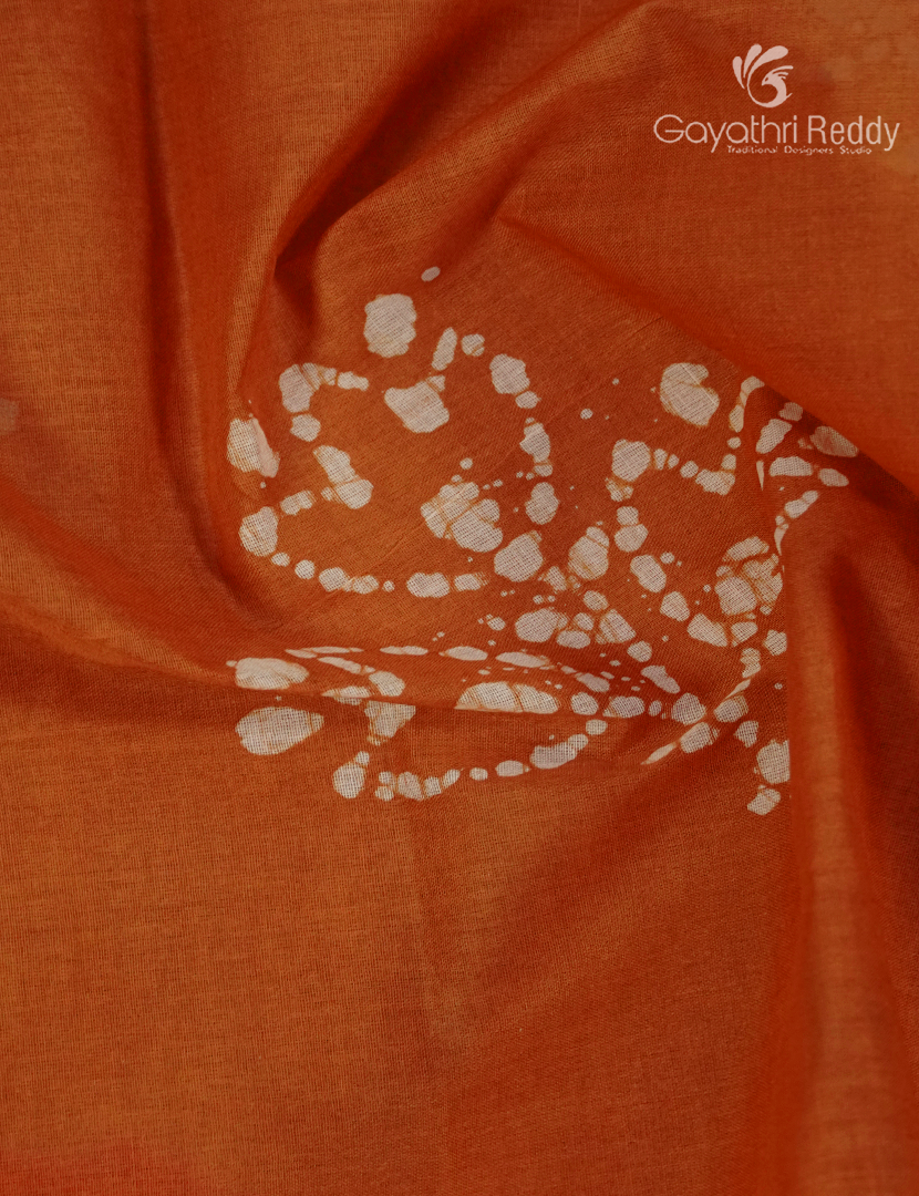 Cotton Batik Print Saree in Orange and Parrot Green
