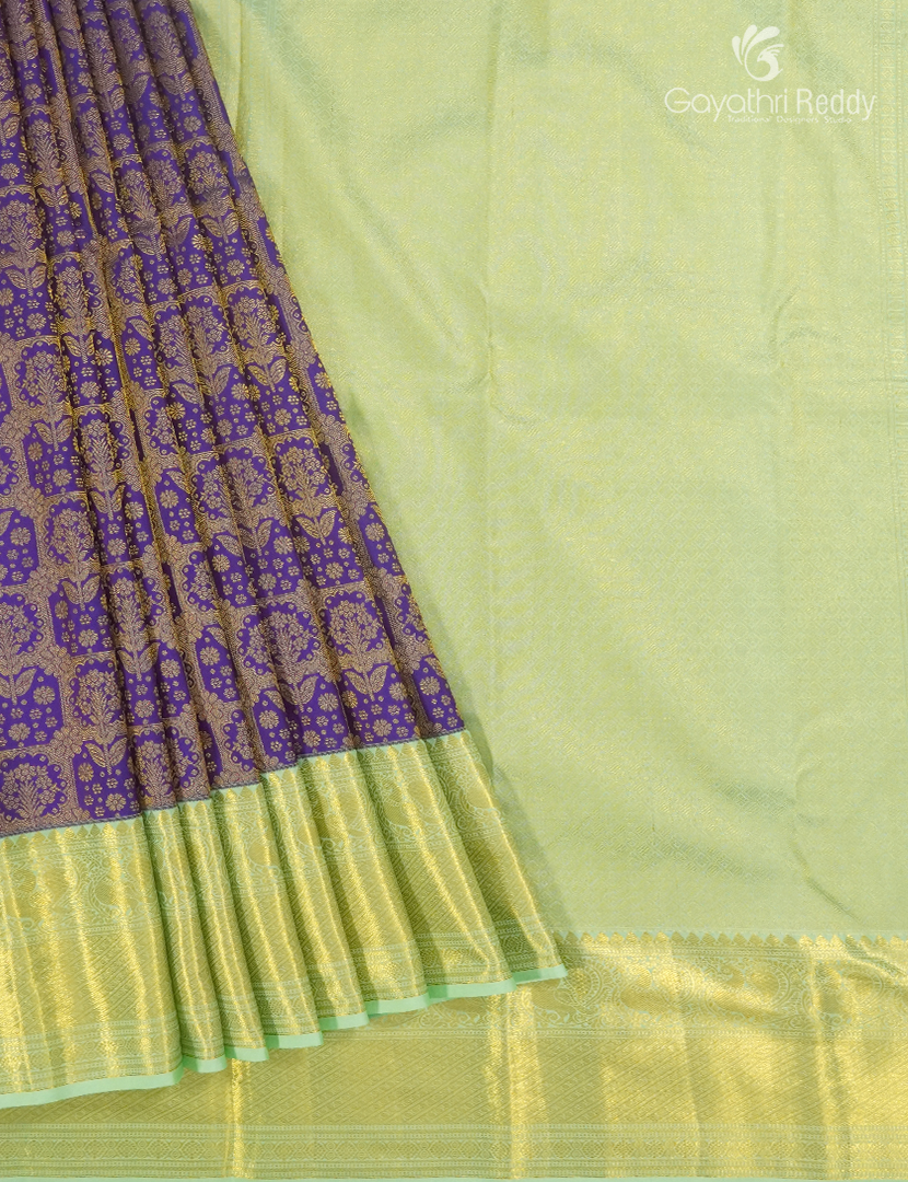 Pure Kanchipuram Silk Saree in Violet and Mint Green