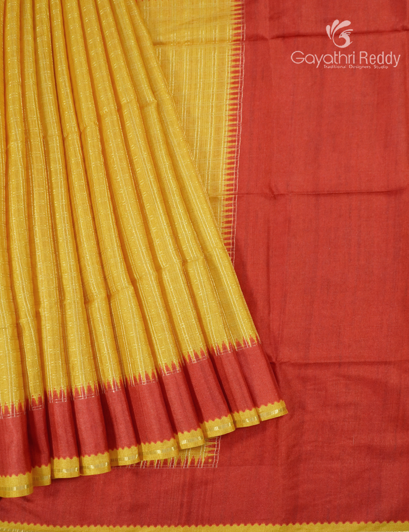Semi Tussar Saree in Yellow and Red