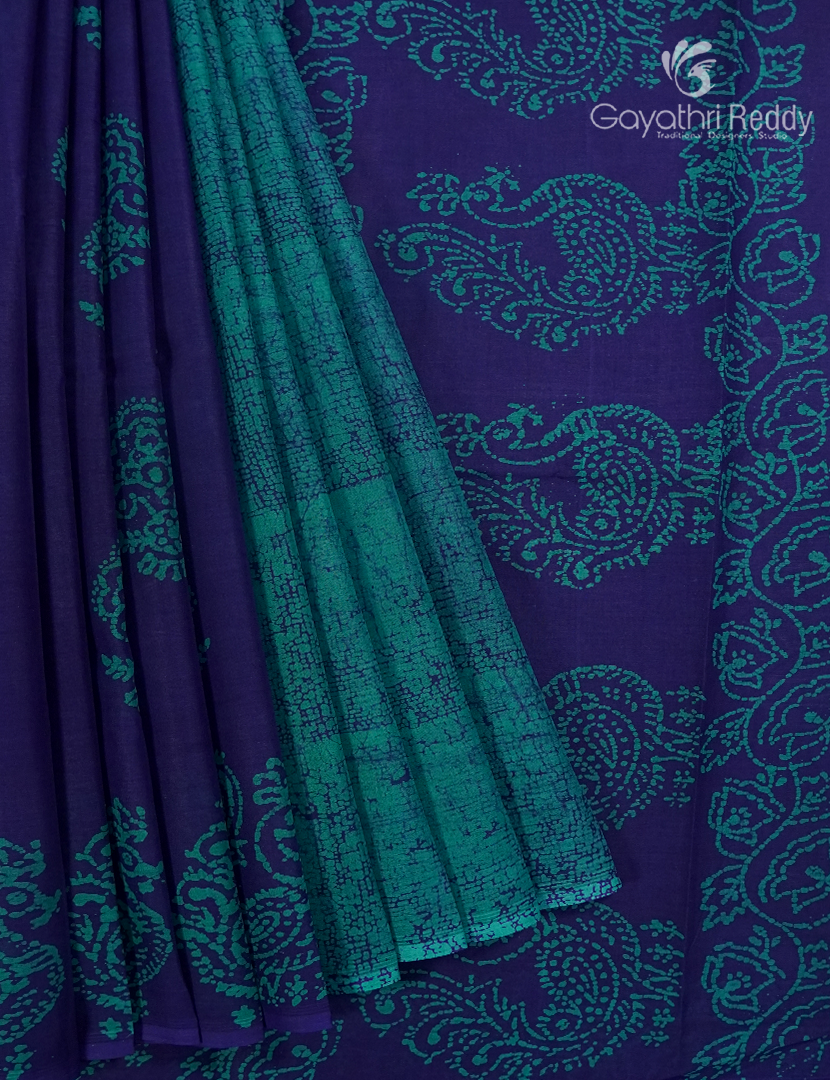 Cotton Batik Print Saree in Navy blue and Sea Blue