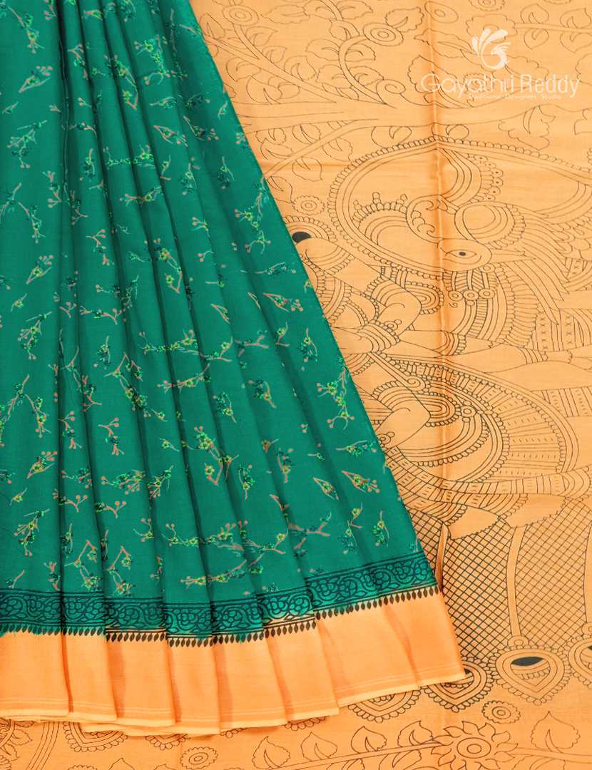 Pure MulMul Cotton Saree in Deep Rama Green and Saffron Yellow