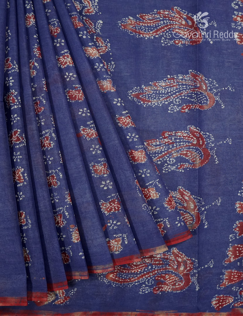 Cotton Batik Print Saree in Denim Grey