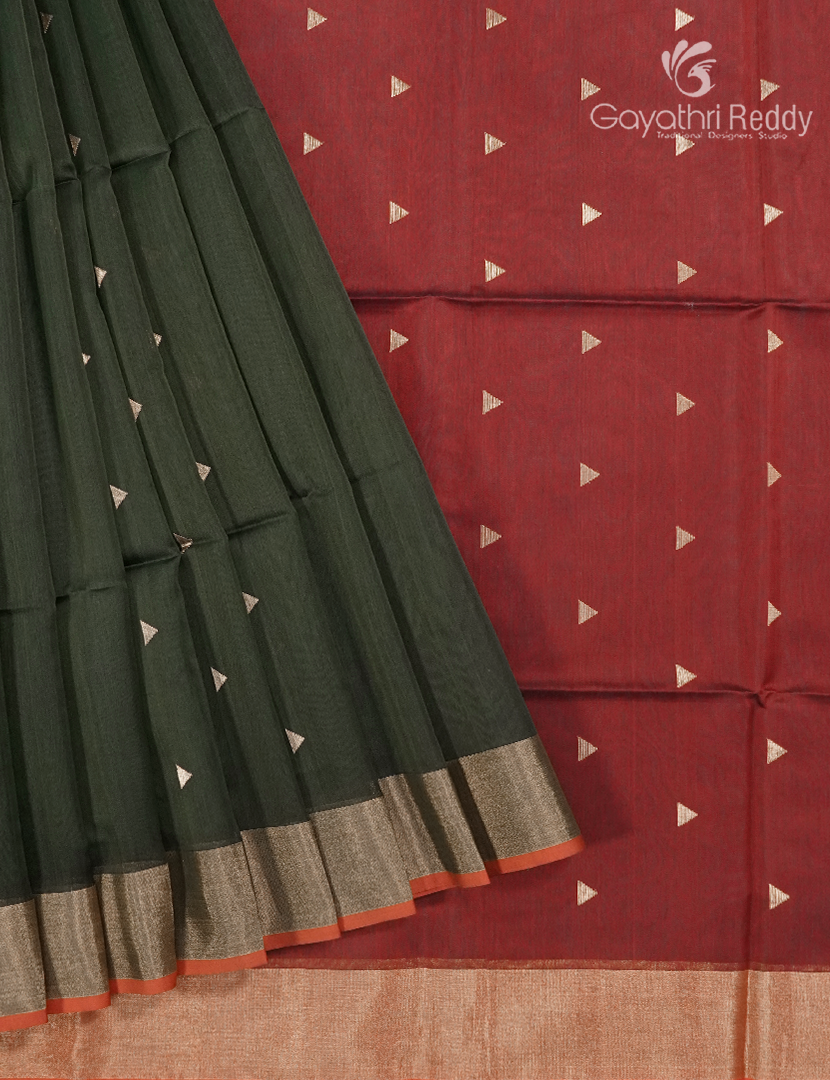 Pure Chanderi Sico Saree in Deep Olive Green and Deep Red