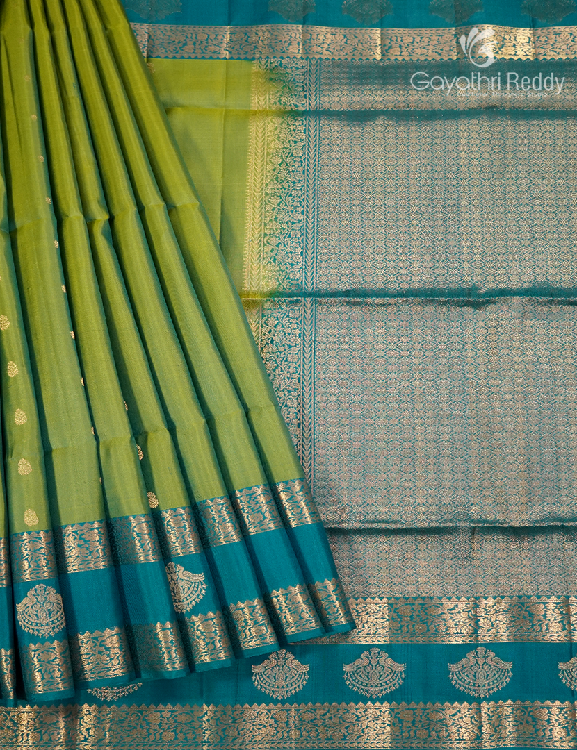 Pure Kanchipuram Soft Silk Saree in Parrot Green and Teal Green