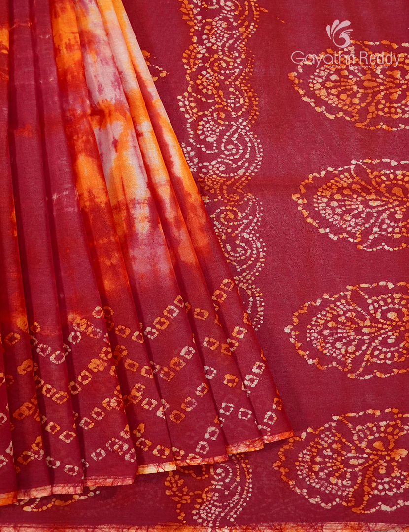 Cotton Batik Print Saree in Deep Red