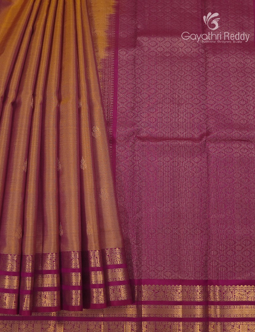 Pure Kanchipuram Silk Saree in Mustard and Rani Pink