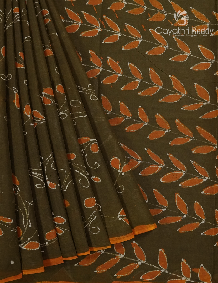 Cotton Batik Print Saree in Deep Olive Green and Mustard