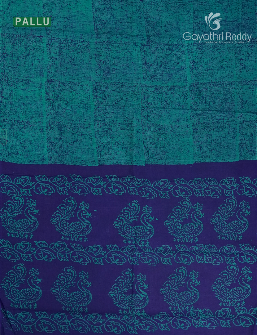 Cotton Batik Print Saree in Navy blue and Sea Blue