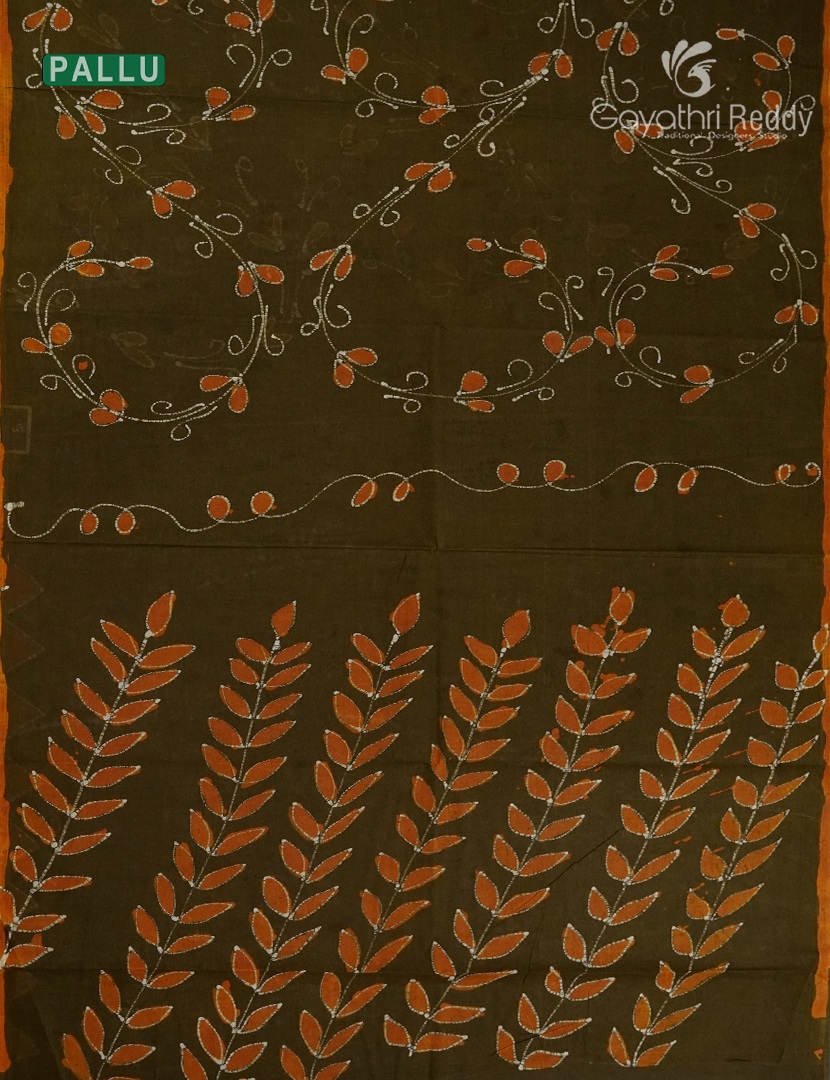 Cotton Batik Print Saree in Deep Olive Green and Mustard