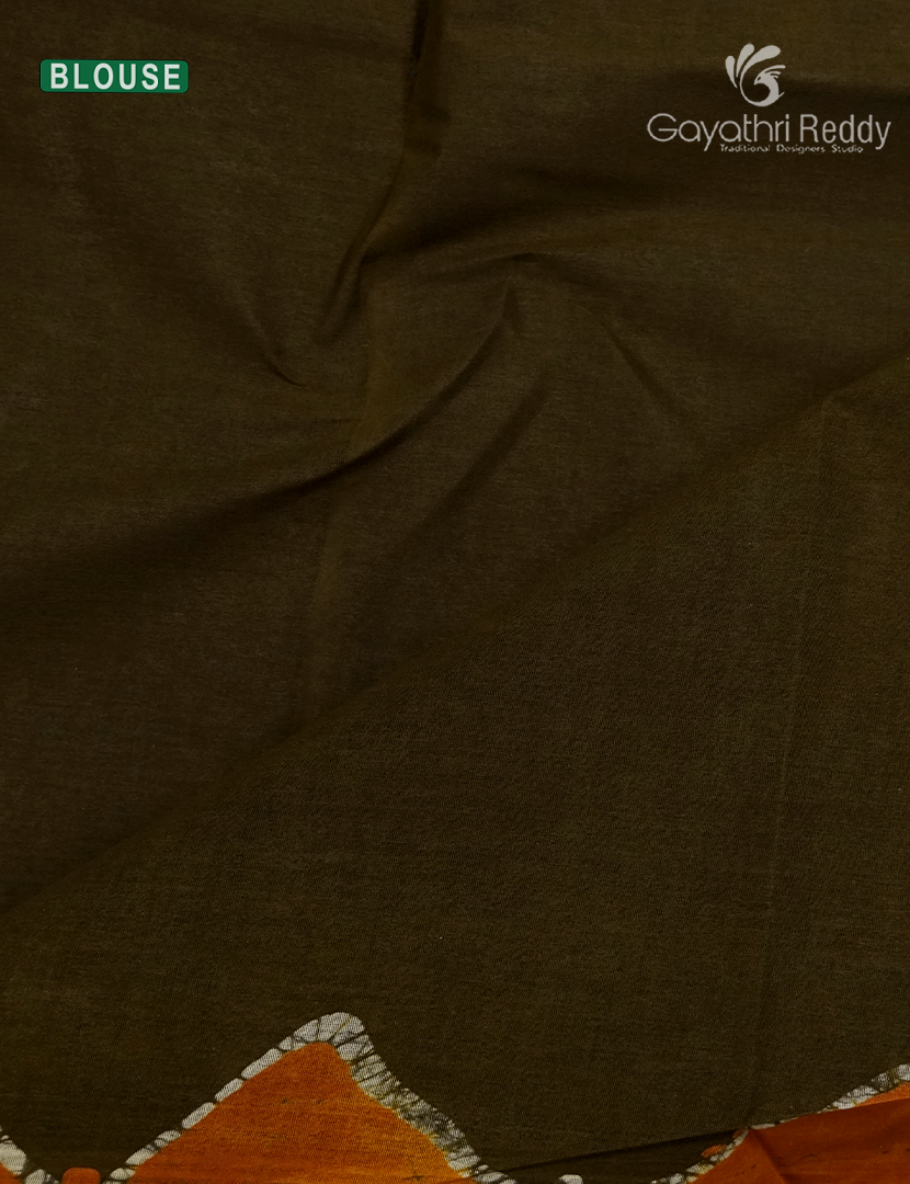 Cotton Batik Print Saree in Deep Olive Green and Mustard
