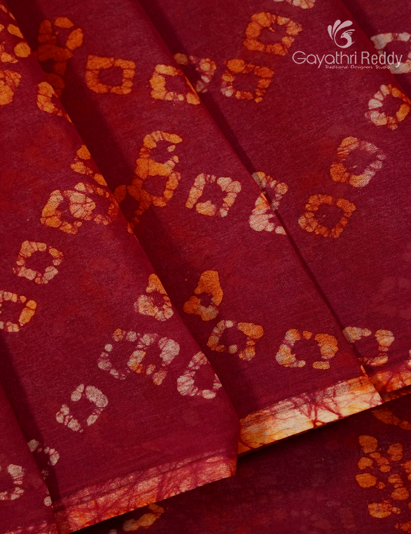 Cotton Batik Print Saree in Deep Red