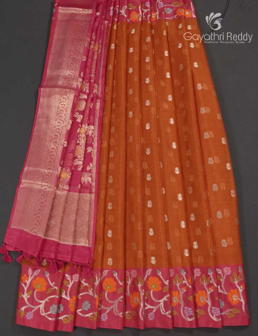 Banaras Kota Lehanga Set in Rust Orange and Rani Pink