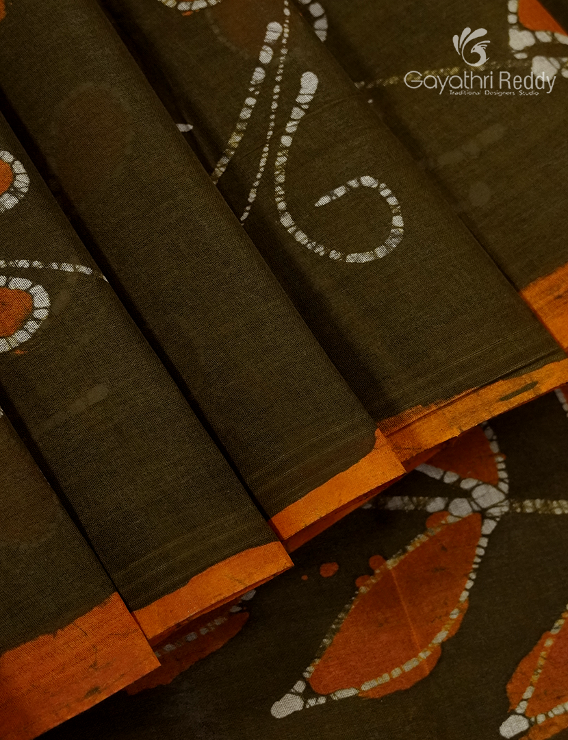 Cotton Batik Print Saree in Deep Olive Green and Mustard