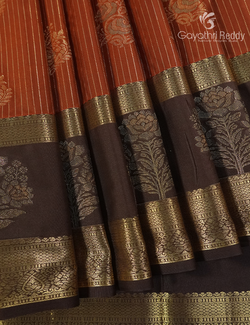 Semi Kanchipuram Silk Saree in Rust Orange  and Deep Brown