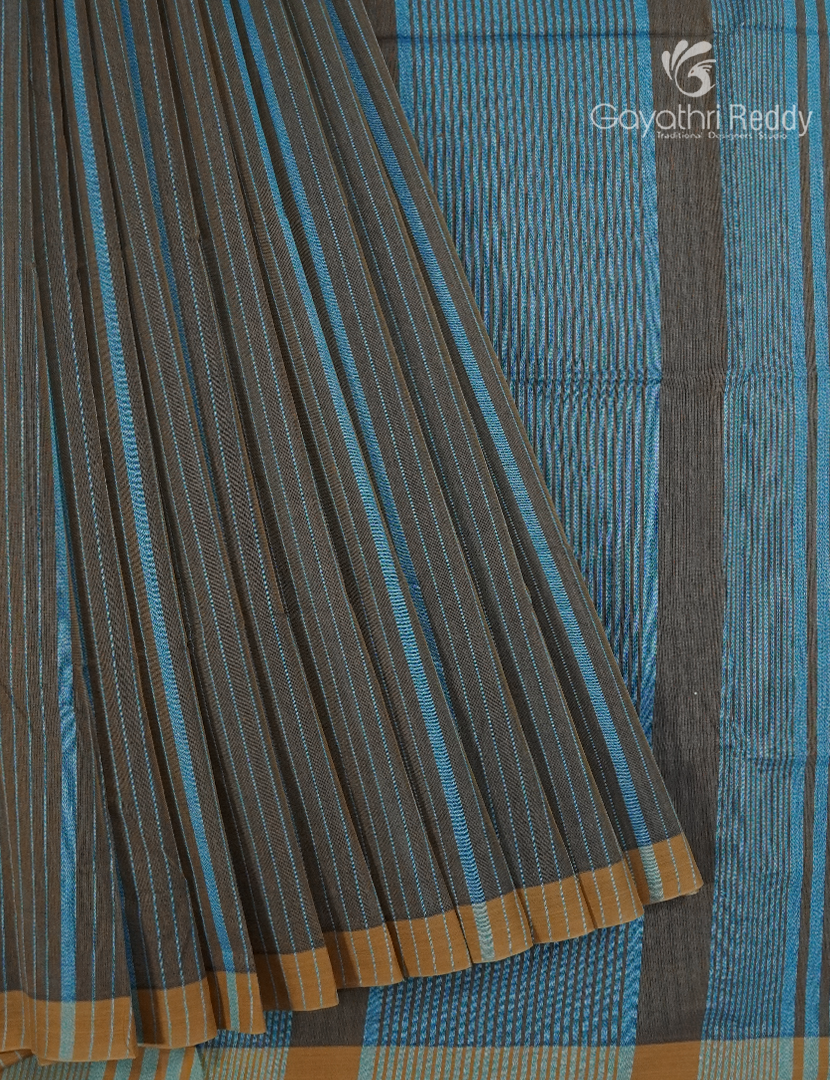 Pure Handloom Cotton Saree in Deep Olive Green and Cloud Blue